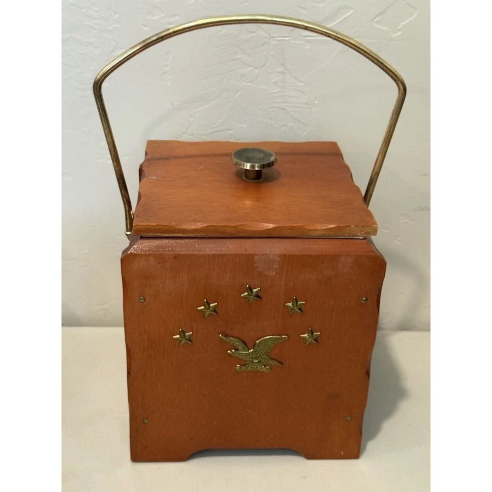 Vintage Wood Ice Bucket with Top Lid Wooden metal handle Eagle Stars Gold Accent